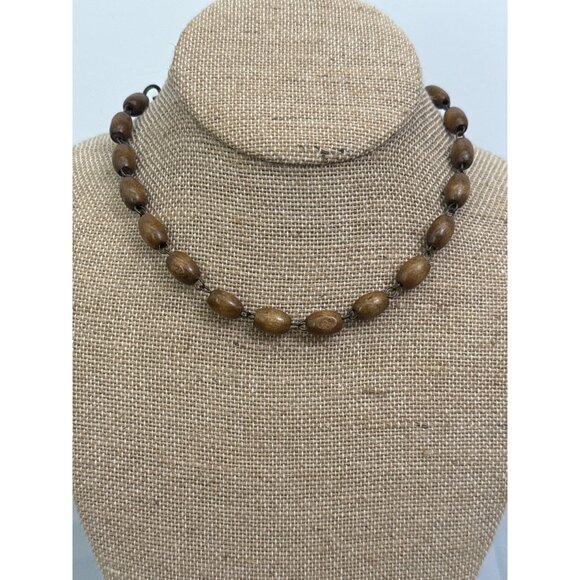 Vintage Style Brown Wooden Bead Necklace With Metal Chain & Charm - Picture 1 of 4